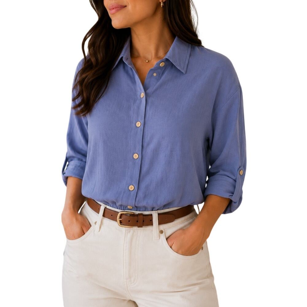 BCX Dusty Blue Button Front Blouse M Coastal Minimalist Preppy